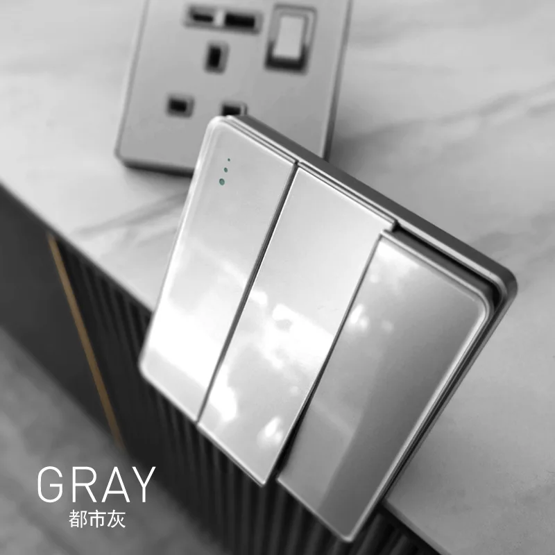 UK 13A Grey Tempered Glass Light Switch,1gang2way Stair Switch,USB Type-C18W Quick Charge Wall Power Universal Dual Socket