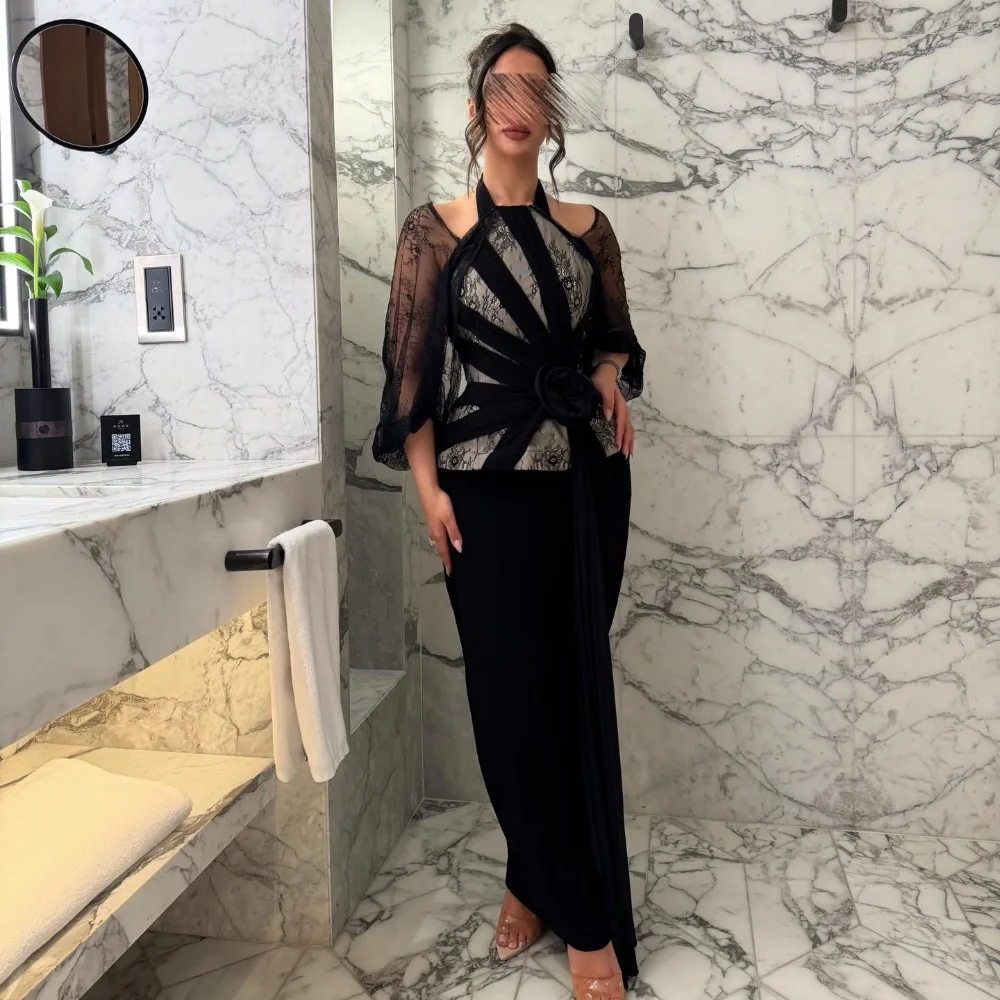 

Customized Black Jersey Fashion Exquisite Pleat Handmade Flower Ruched Straight High Collar Long Dresses Evening Dresses Retro
