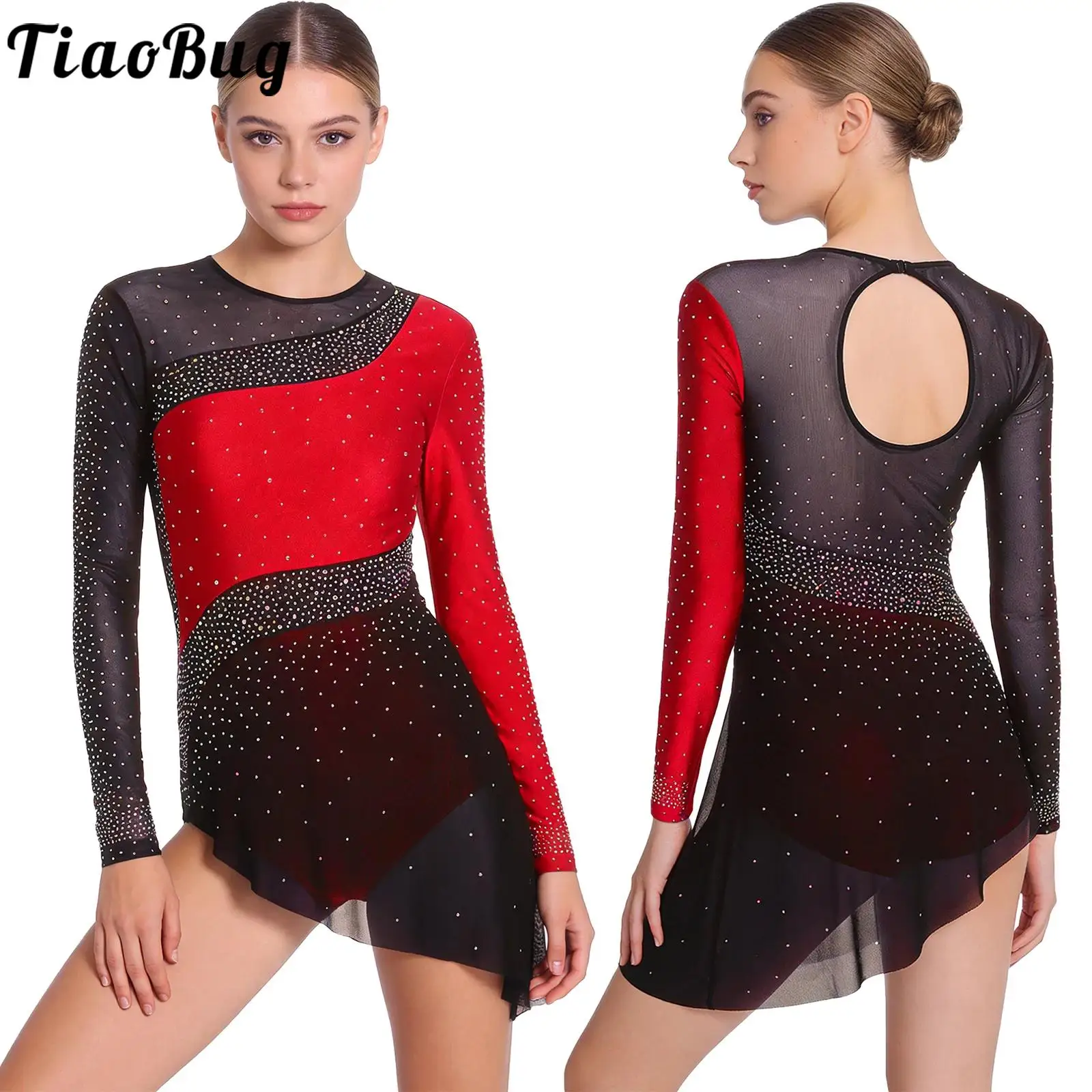 

Women Sparkly Mesh Lyrical Dance Dress Long Sleeve Sheer Ballet Gymnastics Jersey Leotard Dress Artistic Performance Costumes