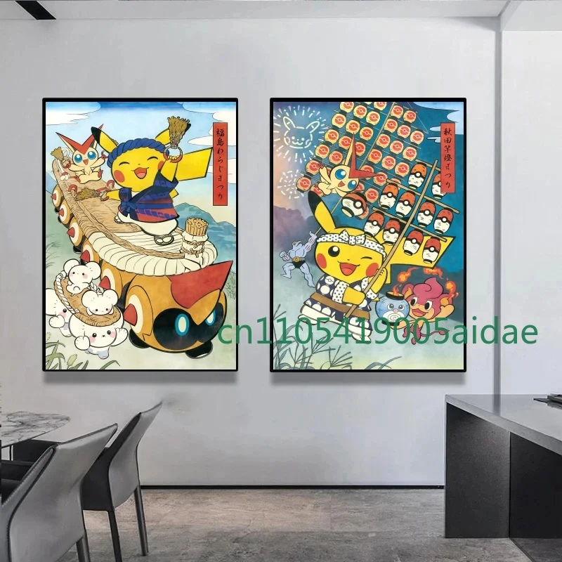 

Pokemon Anime Figure Gengar Posters Pikachu Kawaii Picture Art Water Colours Canvas Painting for Kids Bedroom Wall Decorate