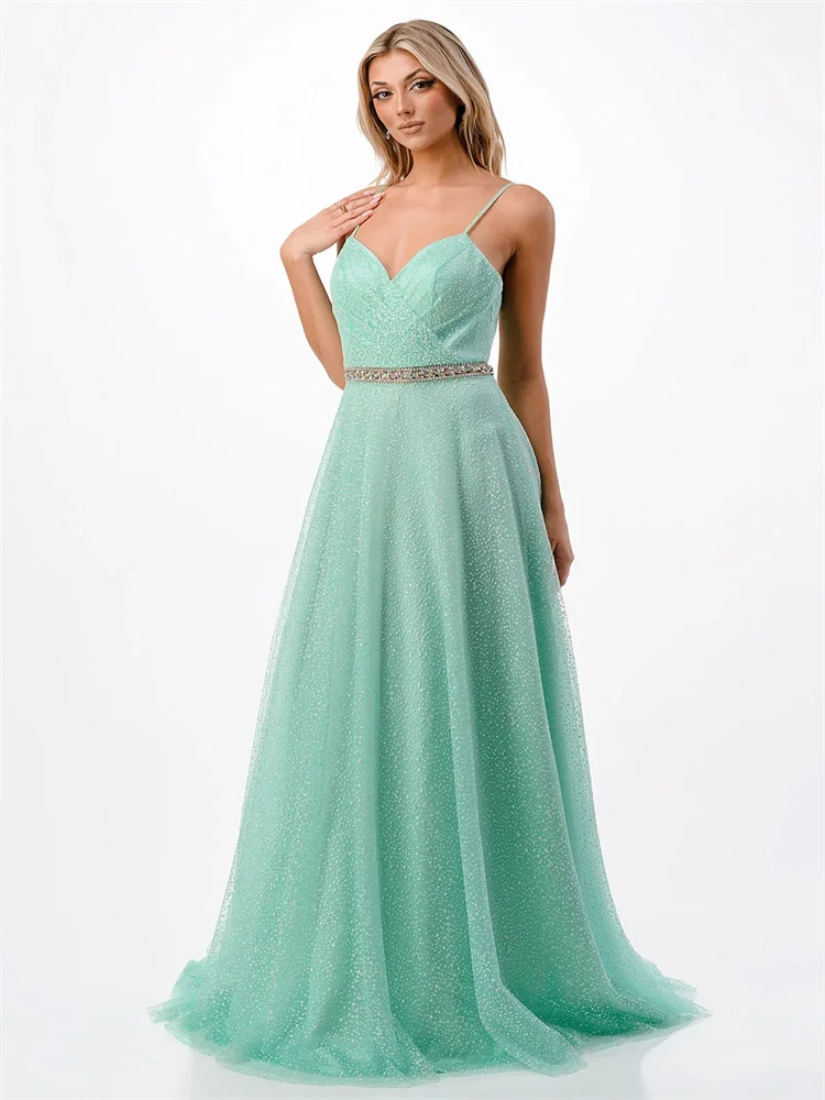 

A-Line Women Evening Dresses Elegant V-Neck Spaghetti Strap Sleeveless Backless Floor-Length Prom Dresses For Prom Evening Party