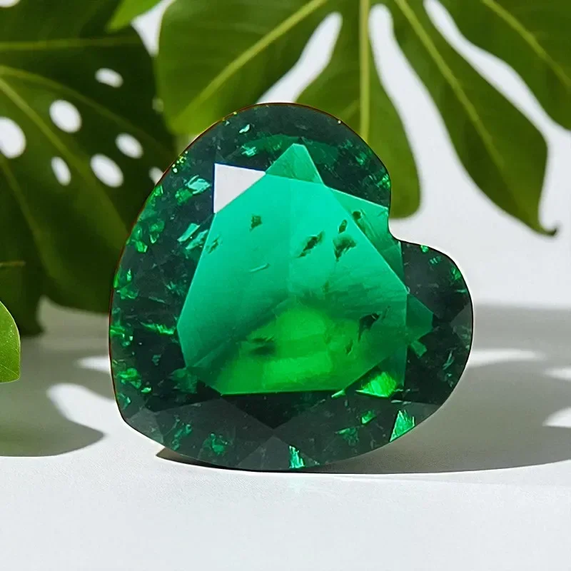 Lab Grown Zambian Emerald- Hydrothermal, Hand-Cut, Heart Cut , with Cracks Inclusions,With   Certificate For Jewelry