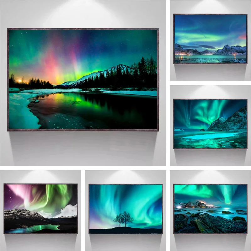 Iceland Aurora Borealis Photography Poster Canvas Painting Northern Polar Lights Nature Landscape Wall Art Pictures Home Decor