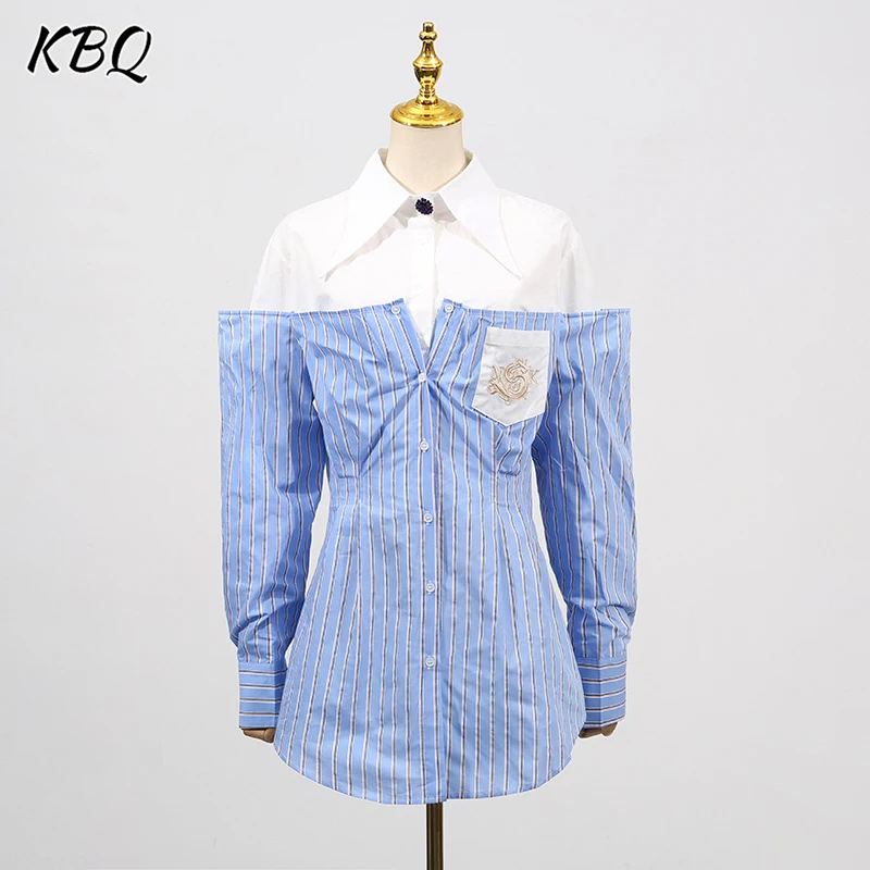 

KBQ Hit Color Striped Spliced Pocket Shirt for Women Lapel Long Sleeve Patchwork Button Design Temperament Shirt Female Summer