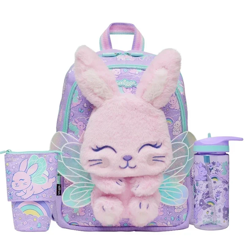 Australian Smiggle School Bag Kawaii Purple Angel Rabbit Medium Children Backpack Water Cup Retractable Pen Bag Student Gift