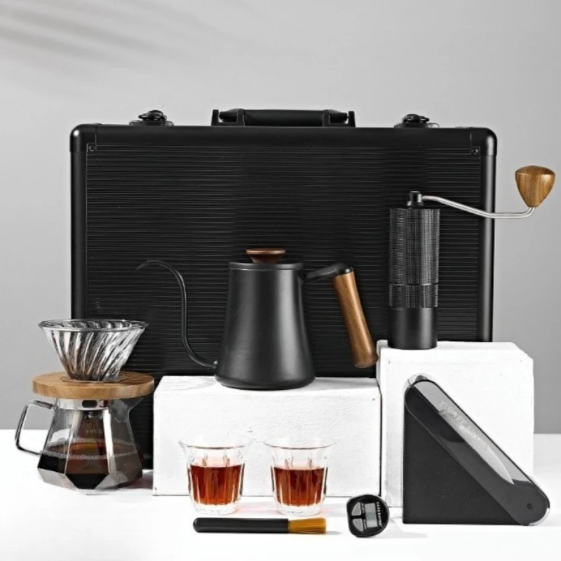 Outdoor Portable Coffee Gift Box Set Complete Manual Grind Tool Hard Travel Case Home Pour Over Brew Gear