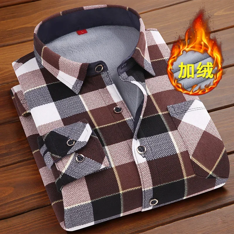 Autumn Winter Men's Plush Warm Long Sleeve Plaid Shirt Luxury Fashion Slim Elegant Social Shirts And Blouses Formal Clothing