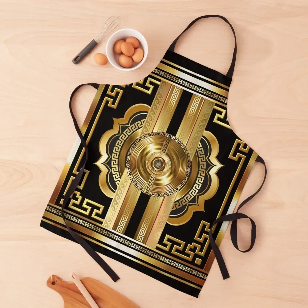 Ornate Black Gold Medallion Baroque Large Greek Key Apron Kitchen Accessories 2022 Kitchen Tools Accessories Apron