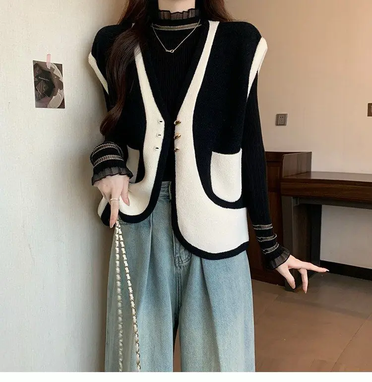 

Autumn Winter New Arrival plus Size Women's Fashion Knitted Contrast Color Vest Top Set Big MM Small Fragrance Style Base Shirt