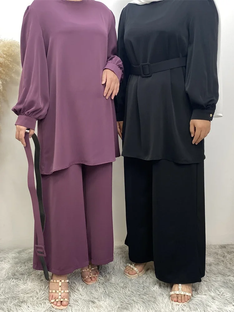 Eid Ramadan Women Muslim Suit Two Piece Sets Tracksuit Belt Islamic Musulman Ensemble Long Sleeve Blouse Wide Leg Pant Suits