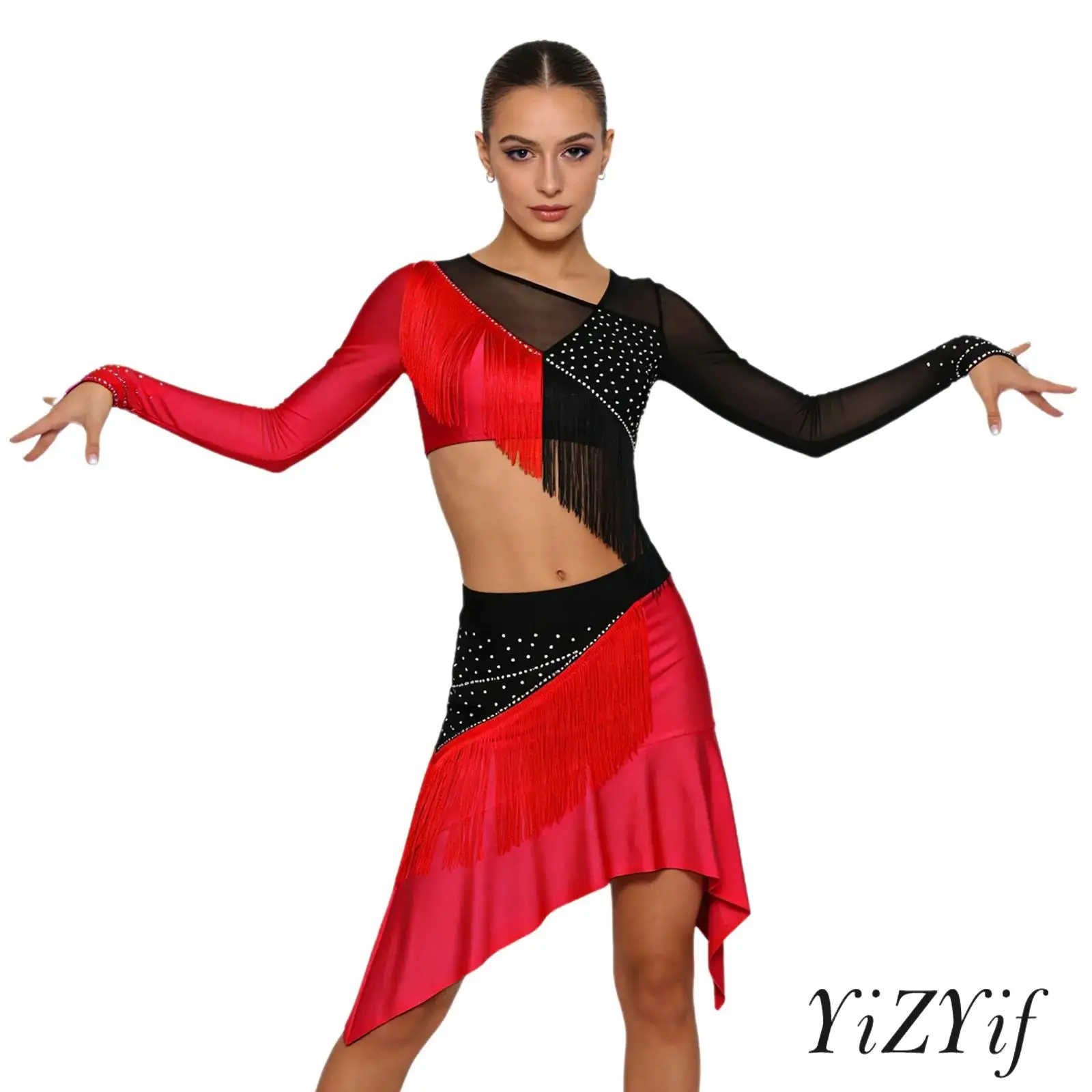 

Womens Cha Cha Rumba Outfit Color Block Design Tassel Rhinestone Long Sleeve Mesh Crop Top with Matching Skirt Latin Dance Set