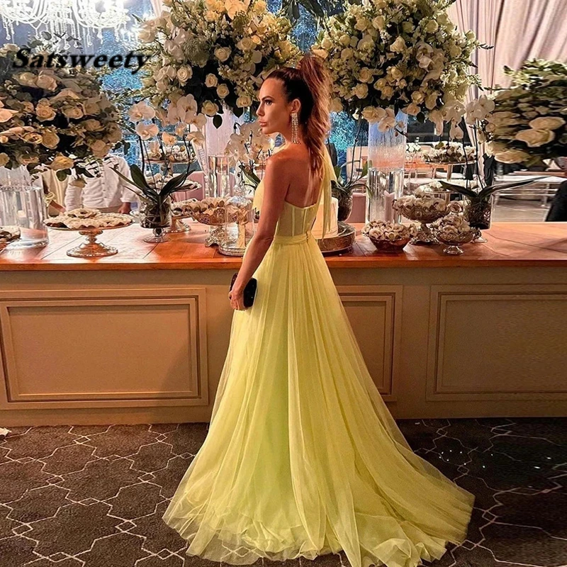 Yellow One Shoulder Prom Dress A Line Tulle Sweetheart Formal Evening Gowns High Slit Corset Simple Long Party Dresses