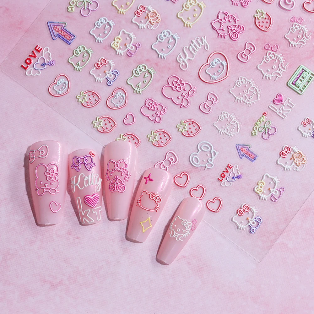 1 pièces 5D dessin animé bronzage Hello Kitty autocollant pour ongles Kawaii Hawaii mignon noir Hello Kitty autocollant pour ongles Kitty manucure curseur Art décor