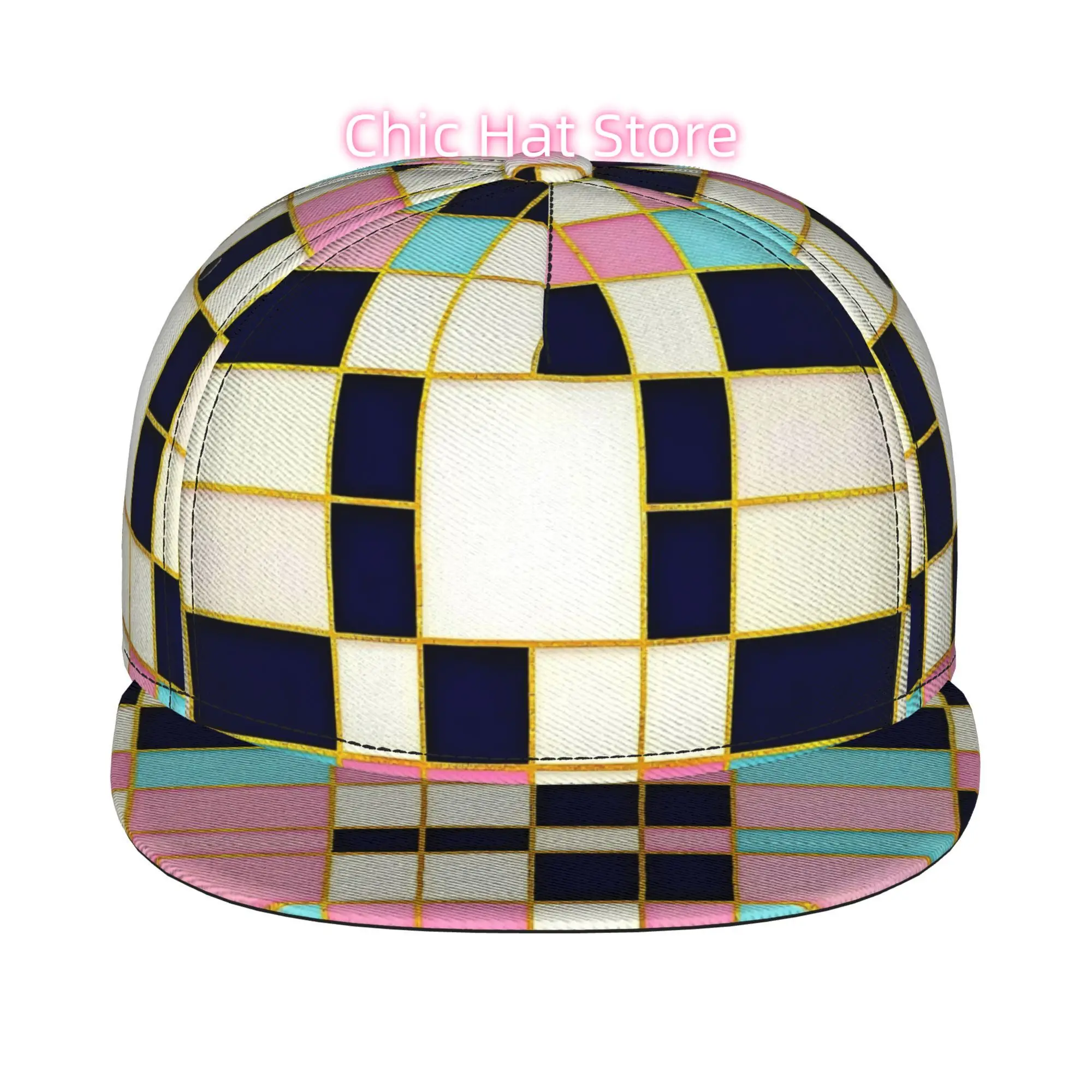 Golden Frame Checkerboard Tile 1pc Fully Printed Hip-Hop Caps, Baseball Caps, Stylish Flat-Brimmed Baseball Caps, Sports Outdoor