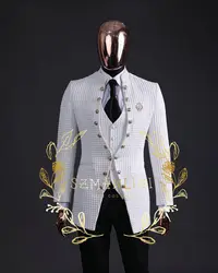 Fashion Plaid Men's Suits 3 Piece Stand Collar Formal Tailor Made Jacket Pants Vest Set Wedding Tuxedo Groom Prom Suits