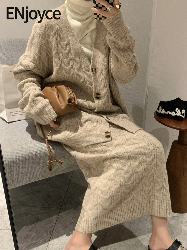 

ENjoyce Women Autumn Winter Vintage Knitted Cardigan Sweater and Elastic Waist Long Skirt 2 pieces Set Korean Fashion Knitwear