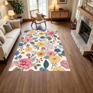 Vintage Colorful Wildflower Seamless Pattern Carpet Flooring, Boho Floral Non-Slip Area Rug for Living Room Bedroom Home Decor