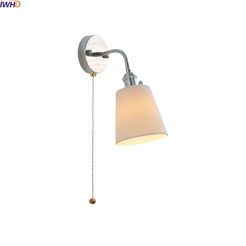 

IWHD White Ceramic LED Wall Light Indoor Luxury Living Room Balcony Decoration Pull Chain Switch Bedside Lamp Lampara De Pared
