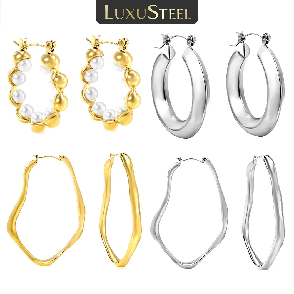 LUXUSTEEL 2PC/1pair Trendy Imitaiton Pear Hoop Earrings for Women Stainless Steel Golden Stud Drop Earring Fashion Jewelry Gift