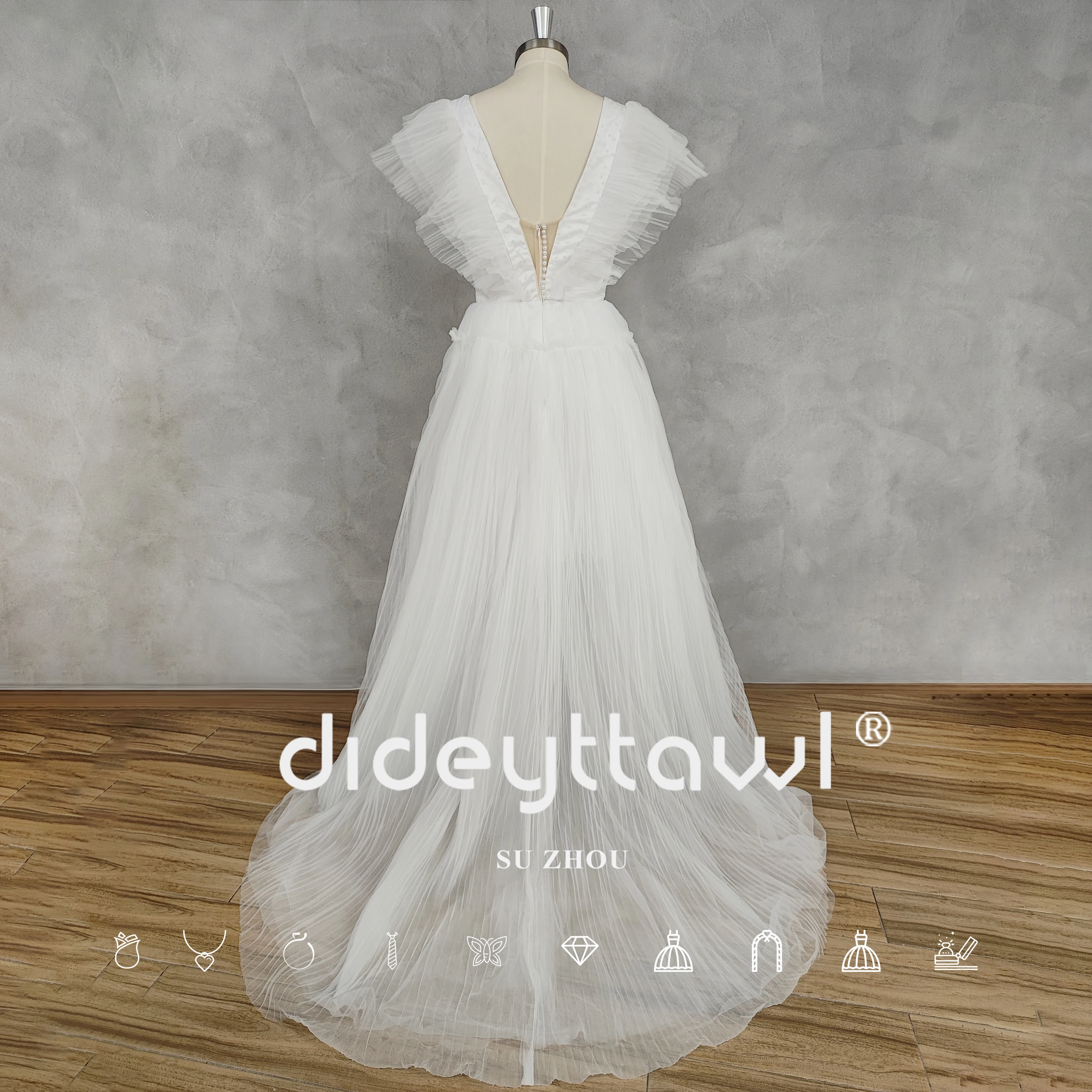 DIDEYTTAWL Real Picture Deep V-Neck A-Line Tulle Flare Sleeves Wedding Dress Open Back High Low Court Train Bridal Gown