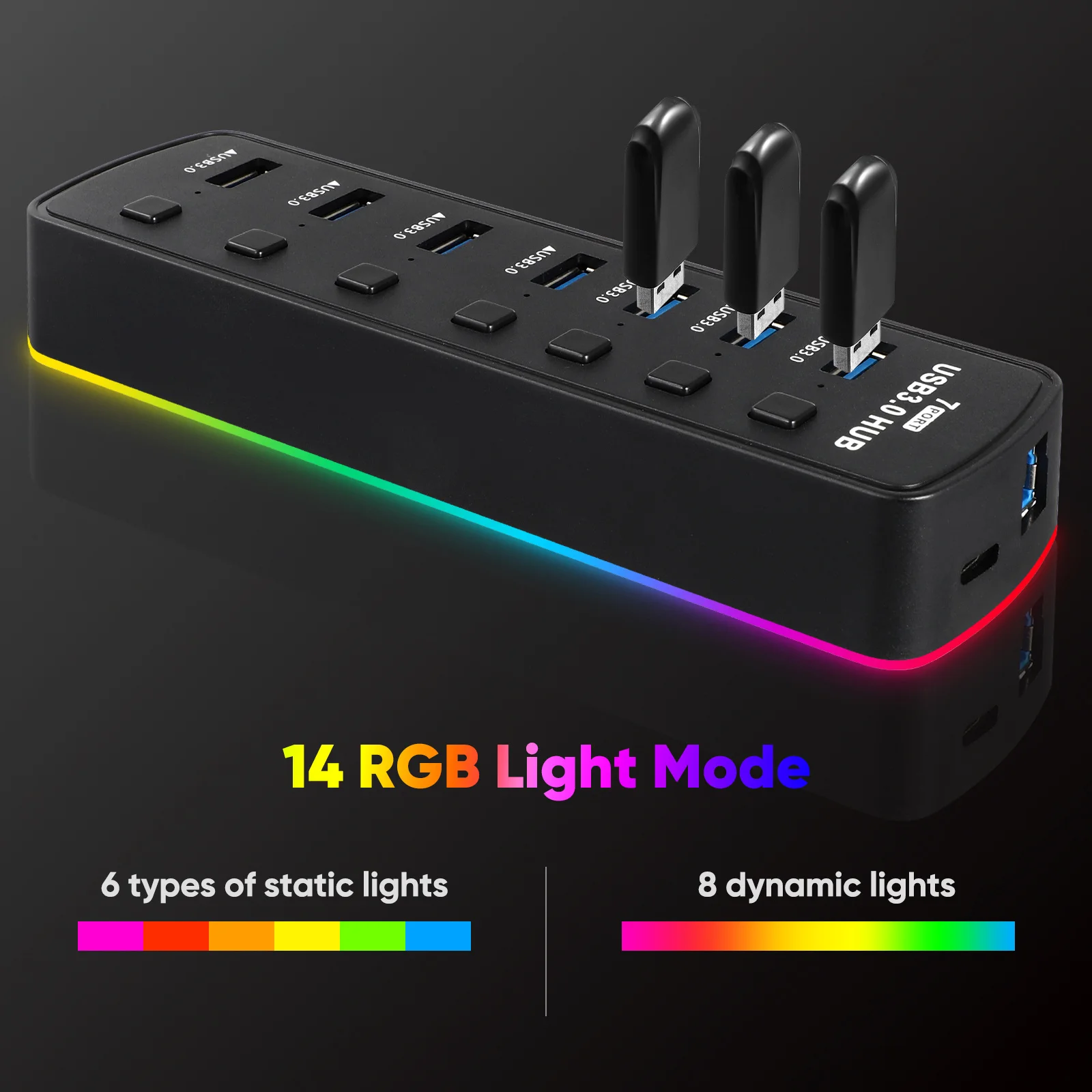7-Port-USB-Hub-Adapter 3.0, Hochgeschwindigkeits-Datenübertragung, Überlastschutz, LED-Anzeigen, Plug-Play, mehrere USB-Anschlüsse, Laptop