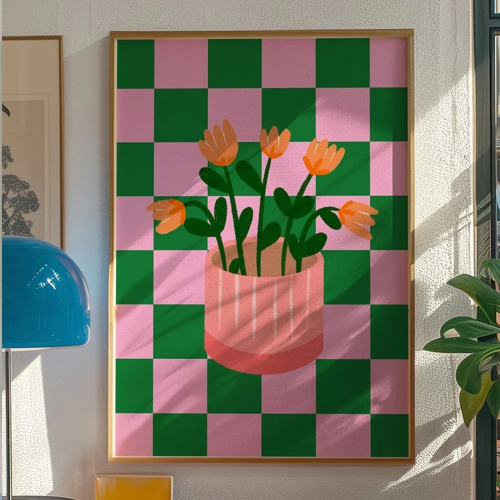 Modern Pink Green Checkered Flower Pot Wall Art Canvas Print,Retro Floral Poster For Living Room Bedroom Home Decor