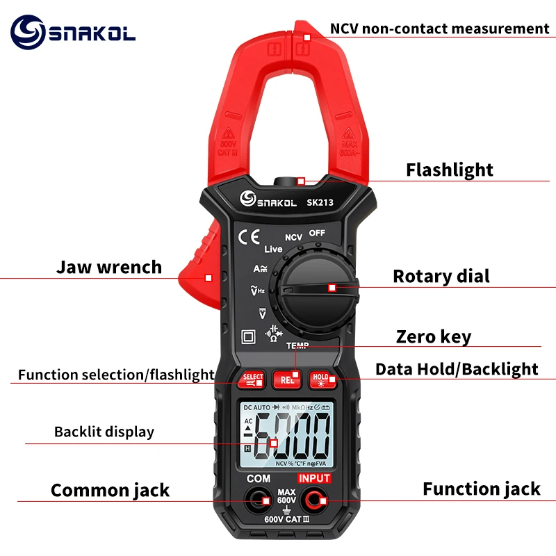 Imagem -06 - Medidor de Braçadeira Digital 600a ac dc Corrente True Rms Amperímetro Alicate Auto Rang 6000 Contagens Multímetro Tensão hz Ohm Ncv Tester Sk213
