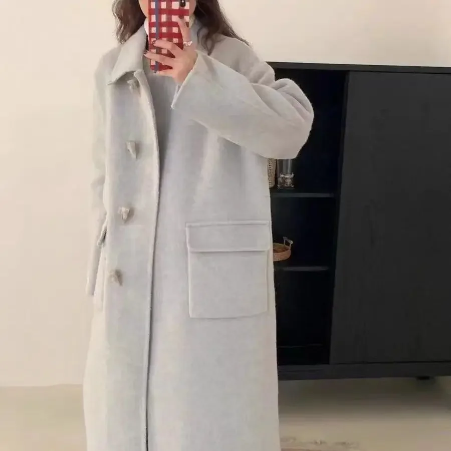 

Corner buckle double-sided wool coat for women autumn and winter loose medium and long Hepburn wind wool coat for women