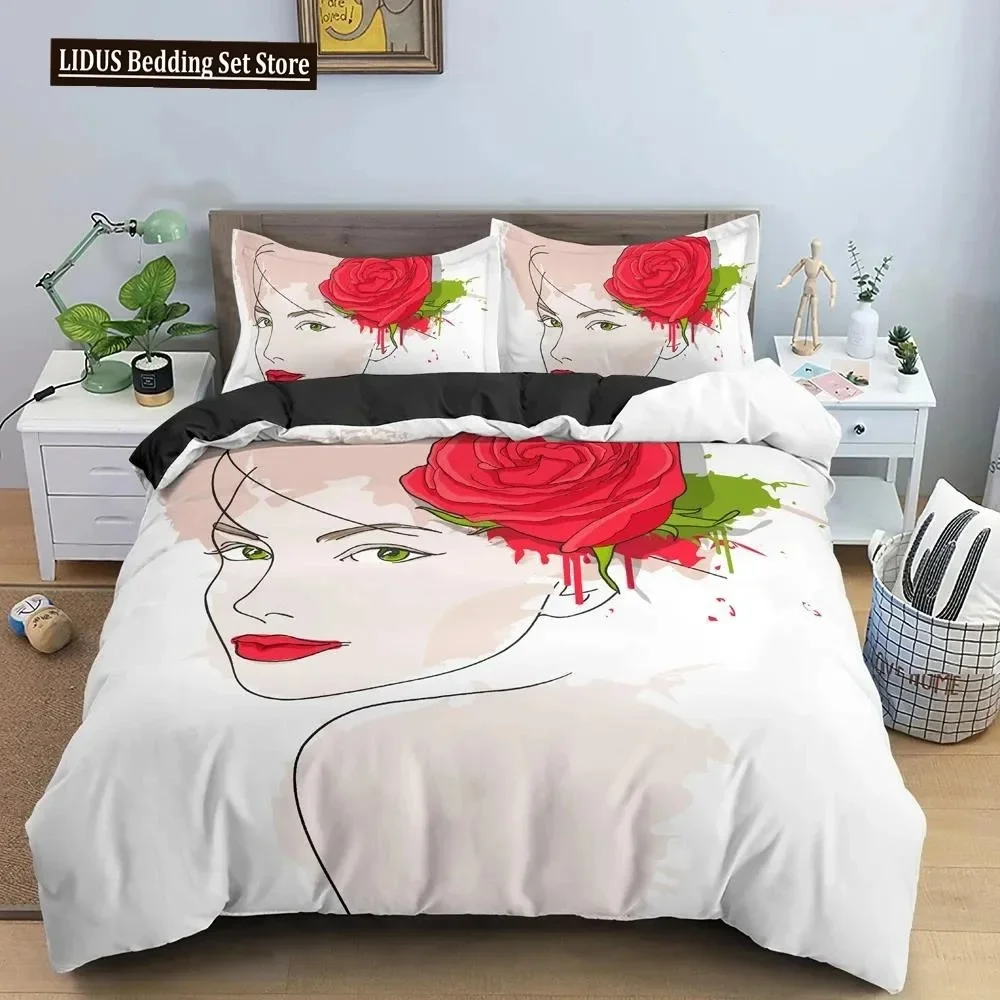 

Woman Face Lines Sketch King Queen Duvet Cover Female Portrait Rose Bedding Set Simple Strokes Flower Polyester Comforter Cover