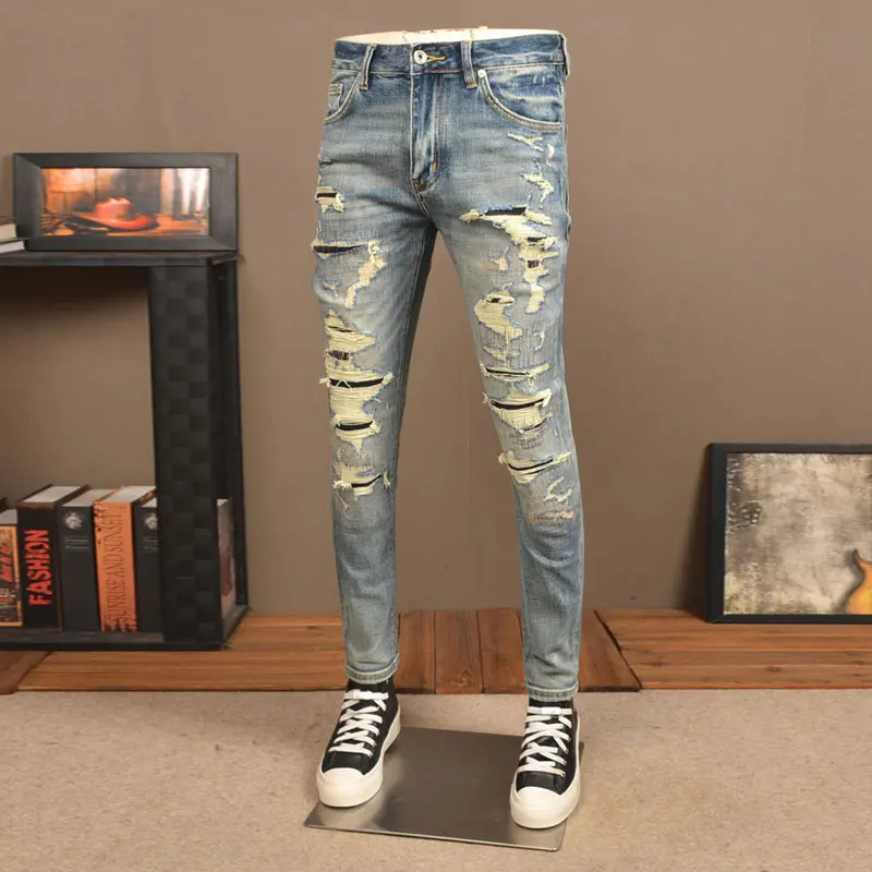 High Street Fashion Men Jeans Retro Washed Blue Stretch Slim Fit Ripped Jeans Men Vintage Designer Denim Pants Hombre