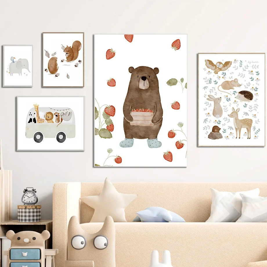 Large-sized 1pc frameless Canvas Painting Boho Animals Friend Elephant Rabbit Bear Deer Bee Posters And Print Nursery Wall Art C
