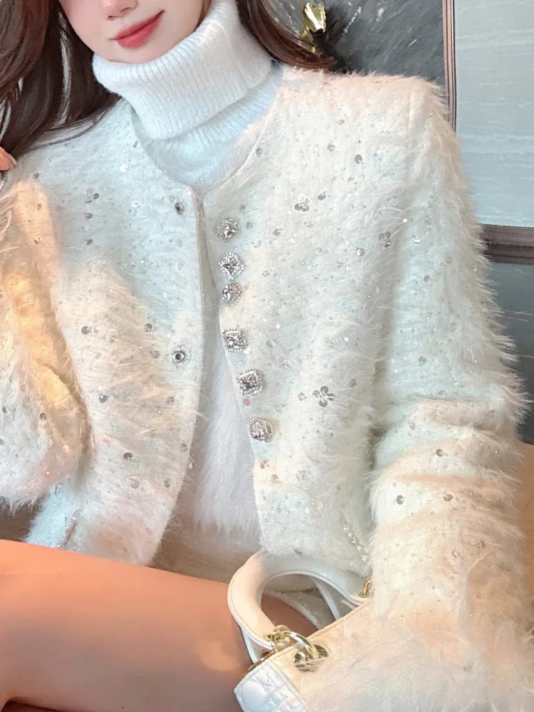 UCXQ Fashion Short Jacket Korean Style O Neck Sequined Ostrich Fur Long Sleeve Elegant Warm Coat Women 2024 Autumn Winter 3C1975