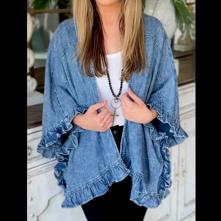 

Vintage Blue Denim Female Fashion Streetwear Lapel 3/4 Sleeves Ruffle Cardigan Loose Women Coat