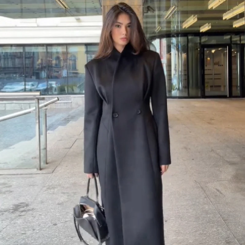 Women Wool Blend Hourglass Long Coat Stand Collar Fitted Waist Slim Fit Warm Maxi Jacket Elegant Casual Street Ladies Outerwear