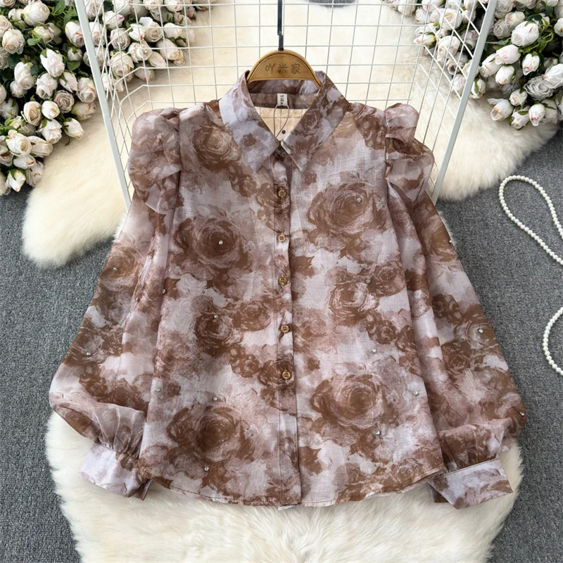 Women Thin Sunscreen Shirt Jacket Flower Print Lapel Single-breasted Lantern Sleeve Spring Summer Ladies Short Sunscreen Coat