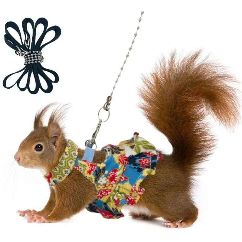 فستان حزام النمس للحيوانات الأليفة مع مقود سبليت بدون أكمام ومقود سنجاب مضاد للعض وحزام خلفي على شكل زهرة فرع مارموت ذيل أسود #1