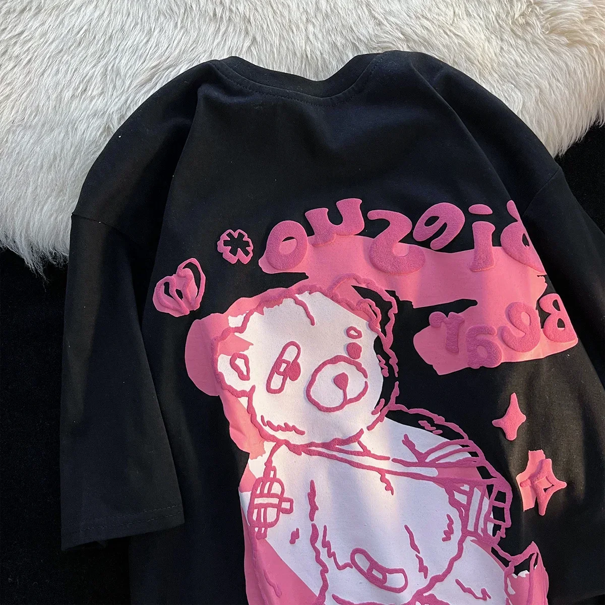 Summer Big Bear Women's T-shirt American Retro Short Sleeve Ins Trendy Cartoon Graffiti Pattern Top T-shirt Graphic T Shirts Y2K