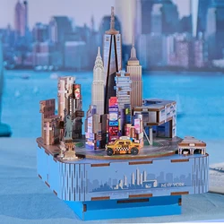 DIY Wooden Model Building Kits New York City Street View Music Box Can Move with Lights 3D Puzzles for Adults Birthday Gifts