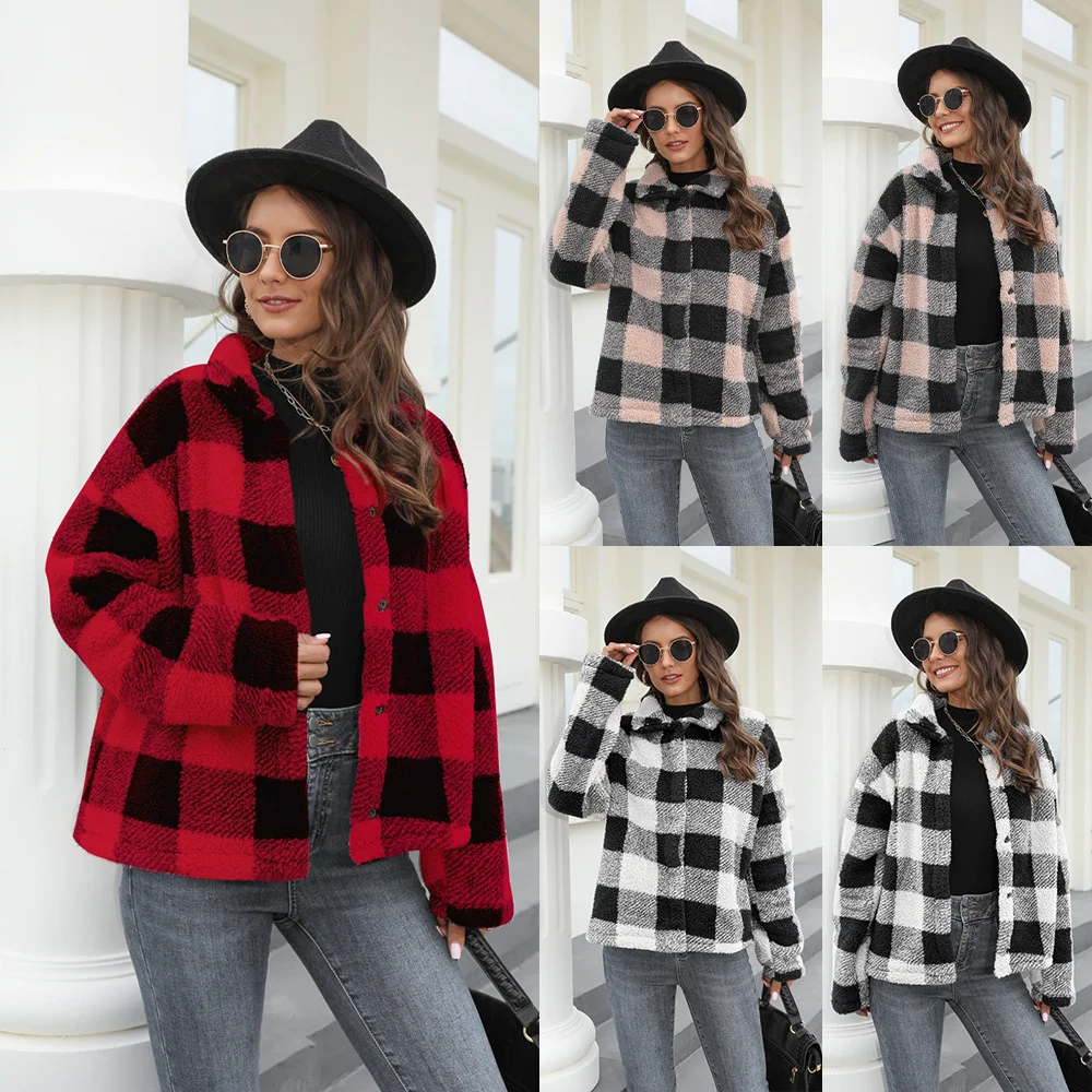 

Medium and long autumn and winter button thickened warm coat women's American long-sleeved lapel plaid double-sided plush coat