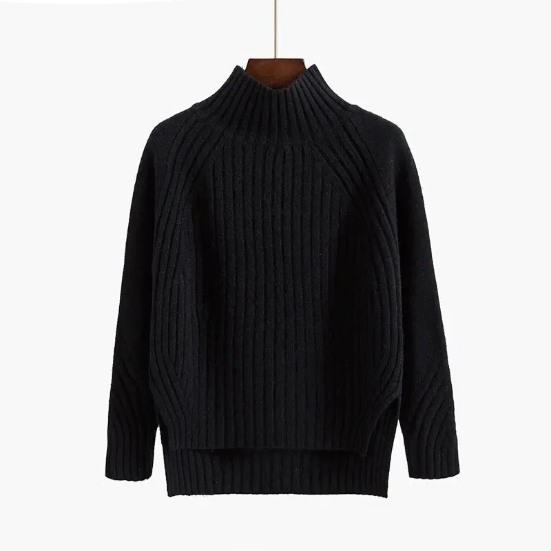 2024 Autumn Winter Women Solid Mock Neck Loose Pullover Sweaters Knit Split Stripe Jumpers For Women Casual Office Sweater