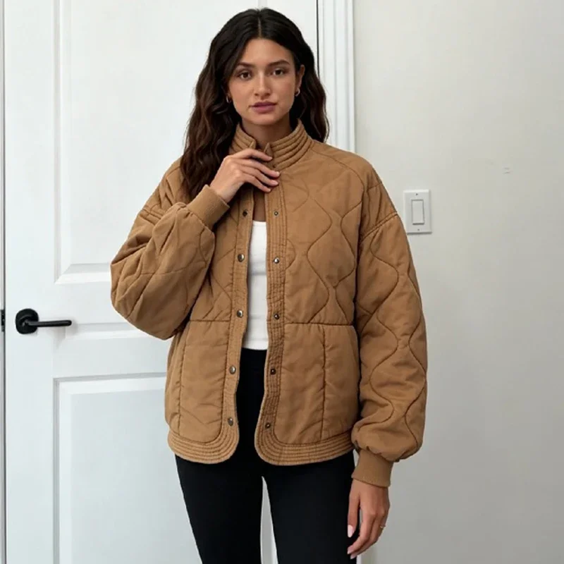 Women Loose Fit Stand Neck Quilted Coat Wave Stitching Snap Closure Raglan Long Sleeve Light Padded Jacket Commuter Outerwear