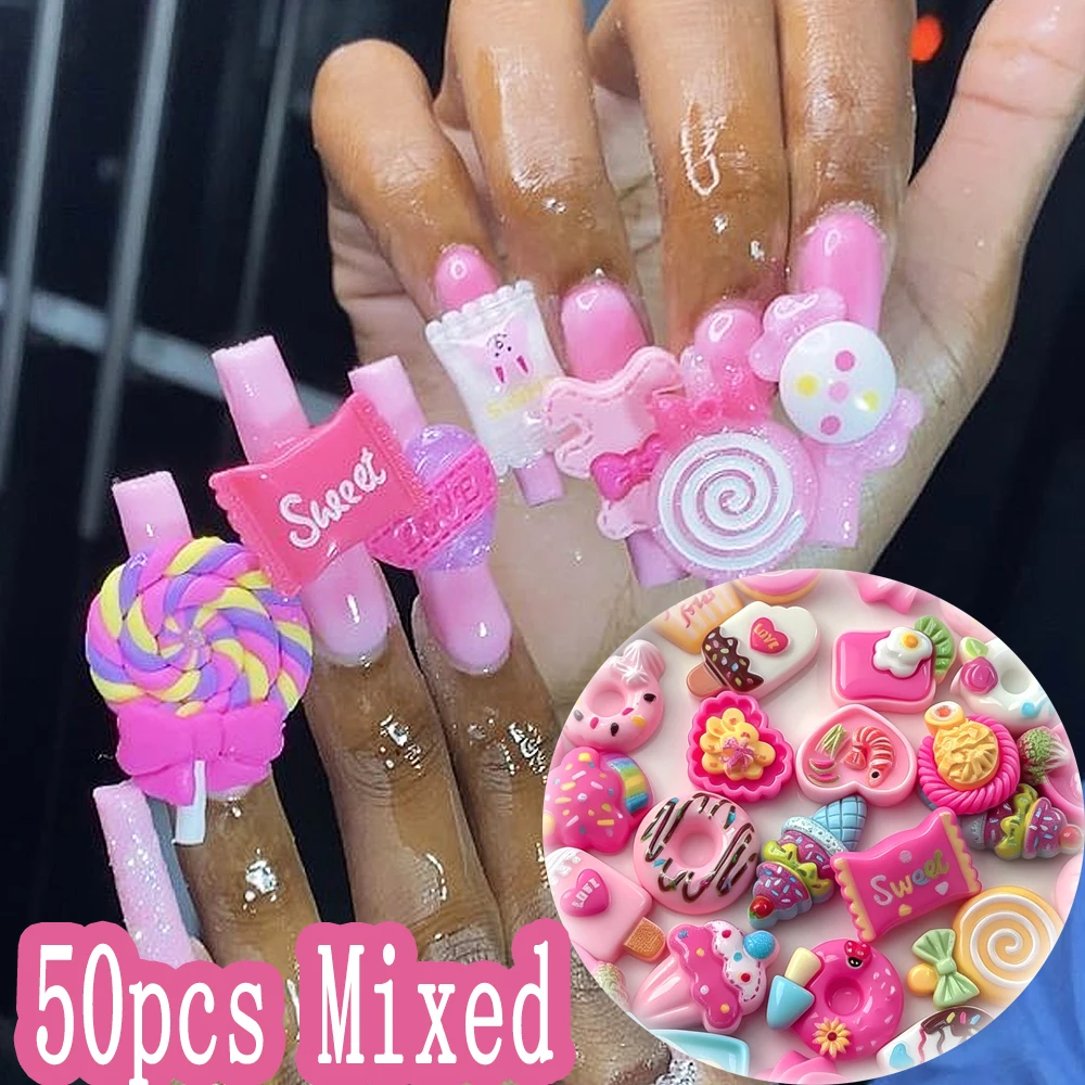 50/100pcs Cartoon Sweets Resin Nail Decorations 3D Colorful Simulation Candy/Donut/Ice Cream/Lollipop Nail Charms DIY Craft Deco
