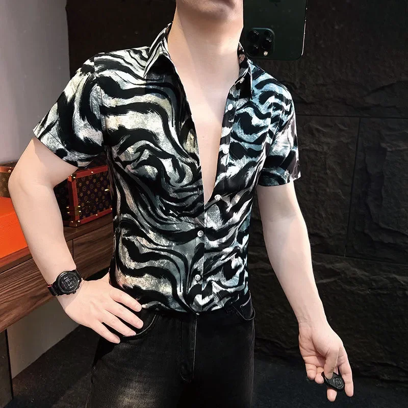 Men's Slim Fit Short Sleeve Button Down Shirt Black White Marble Wave Print Casual Party Clubwear