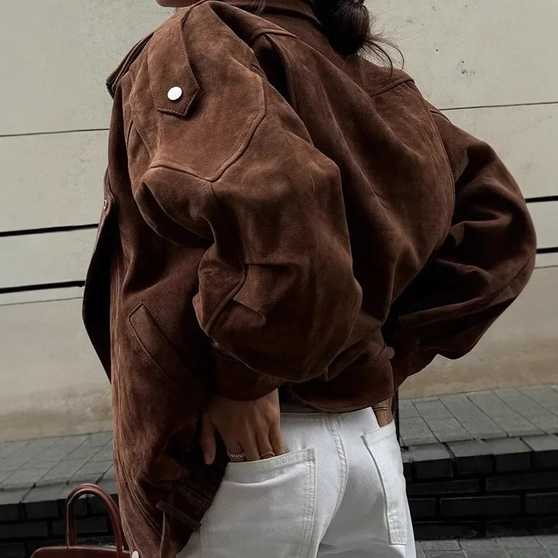 2026 New Women Brown Short Loose Turn Down Collar Zipper Fashion Versatile Casual Coat Multiple Colors Available