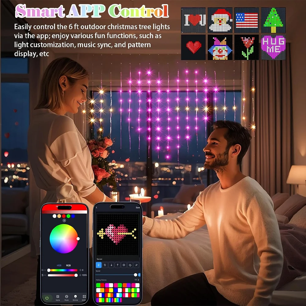 1/2/4PCS Smart LED Curtain Lights LED Fairy Lights App Control Music Sync DIY Pattern Waterproof for Indoor Outdoor Party Decor