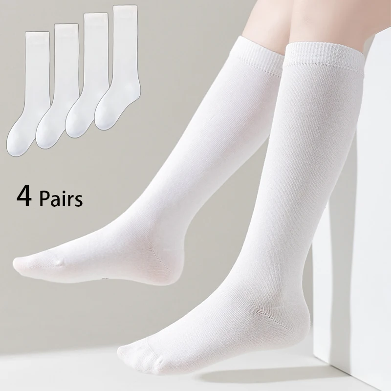 4-Pack Knee-High School Socks for Kids, Solid Color, White Comfy Breathable Soft Knit Fabric, long socks for girls, All-season