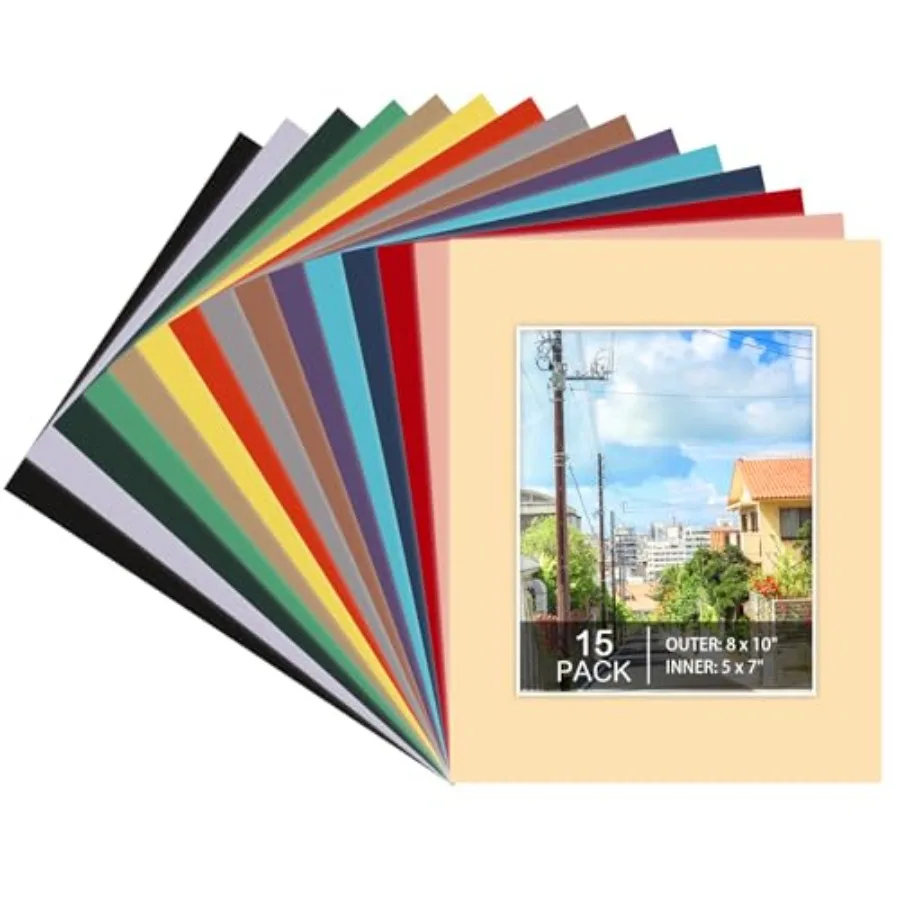 15 Pack 8x10 Picture Mats, Mixed Colors Frame Mattes Pictures Photo Frame Mat Core Bevel Cut Mat Board Show Kit, Prints, Artwor