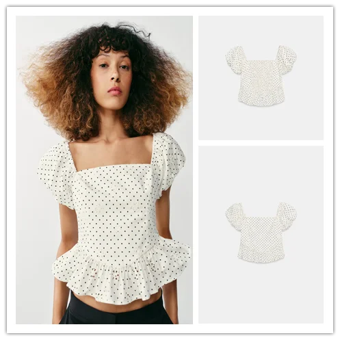 Fashionable Embroidered Print Hollow out Top Women's Sweet Style Bubble Sleeve Square Collar Regular Length Polyester T-Shirt
