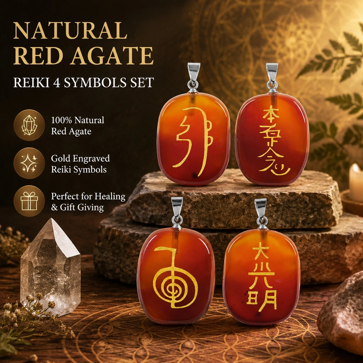 Natural Red Agate Engrave DAI KO MIO Amulet Pendant Reiki Healing Master Props Religious Chakra Energy Stone Necklace Jewelry