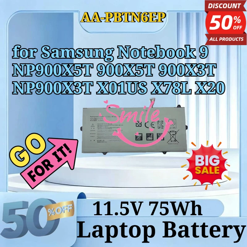 AA-PBTN6EP 11.5V 75Wh Li-Ion Replacement Laptop Battery for Samsung Notebook 9 NP900X5T 900X5T 900X3T NP900X3T X01US X78L X20